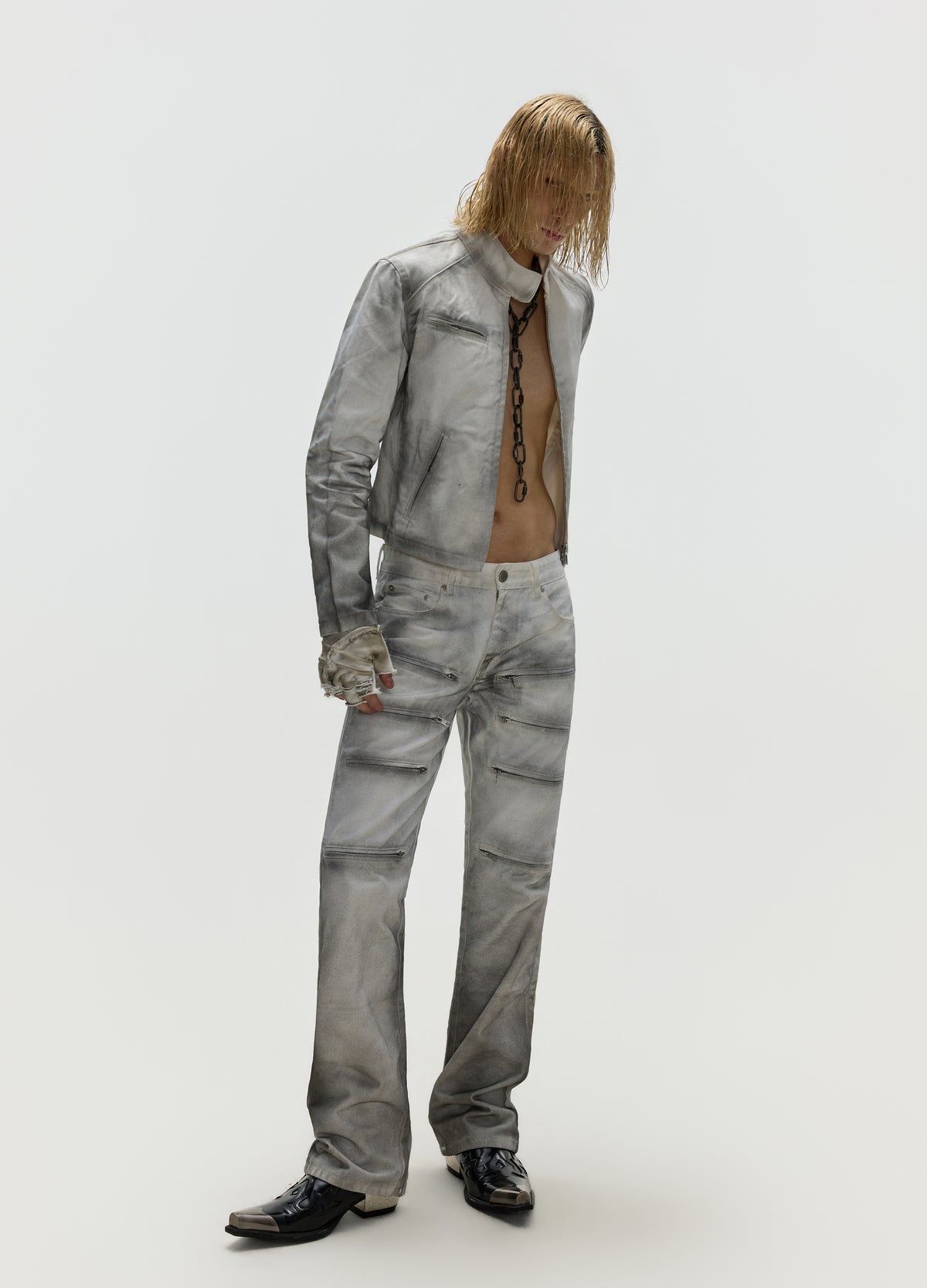FRKM SCD 26FW dirty grey washed moto jacket — product view 4