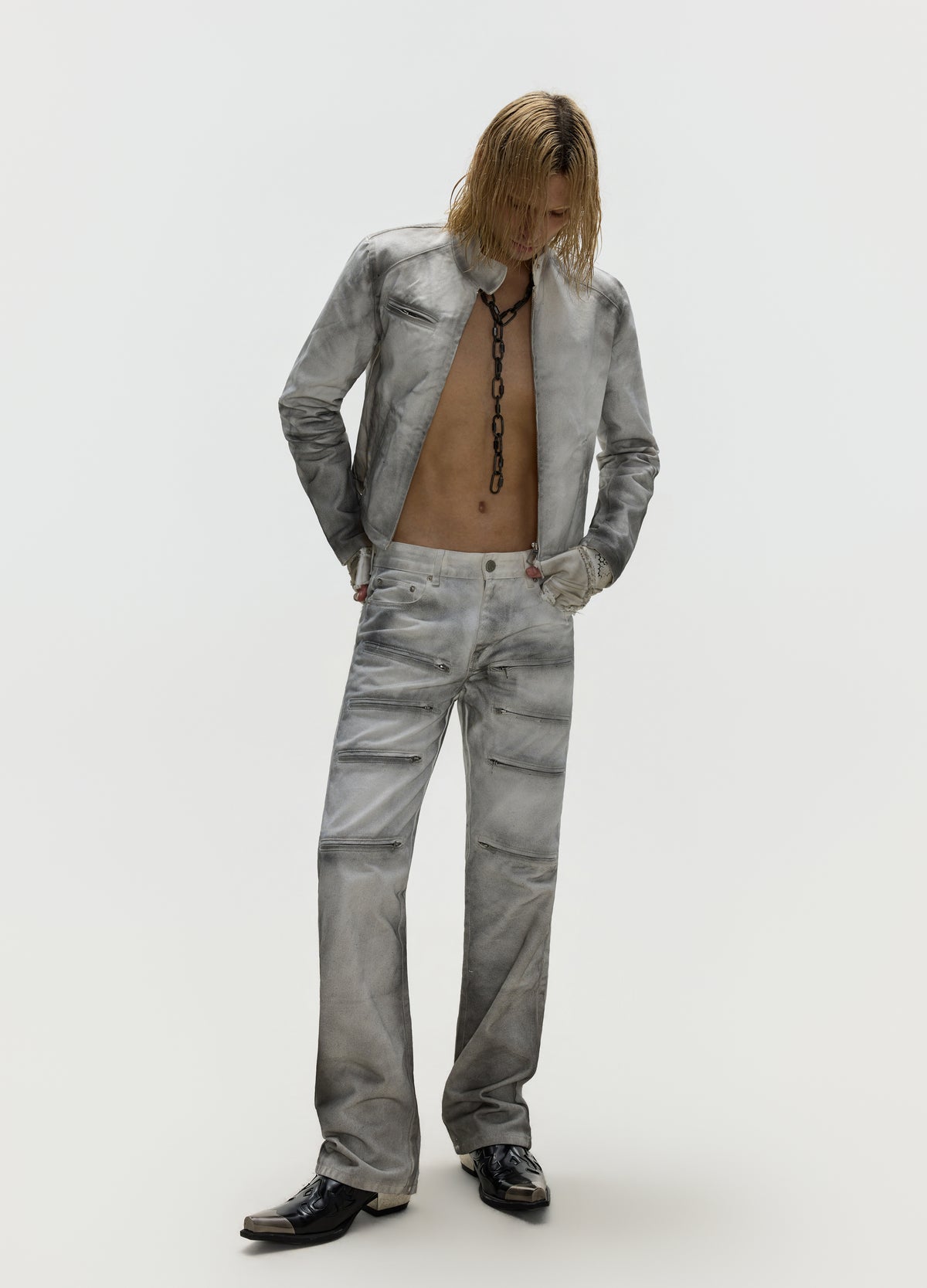 FRKM SCD 26FW dirty grey washed moto jacket — product view 3
