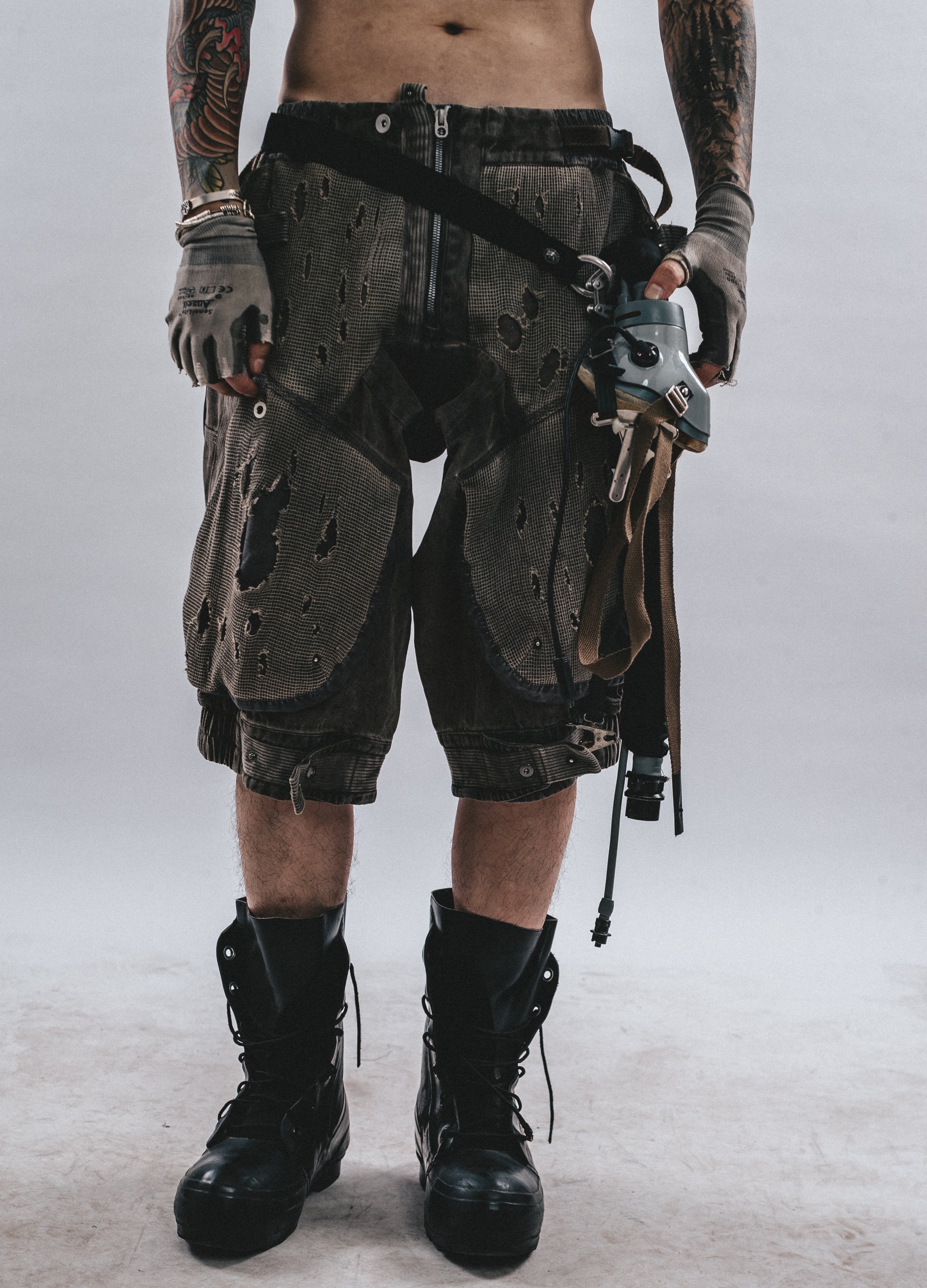 DRKLEI DISTRESSED MESH DROP-CROTCH PANTS