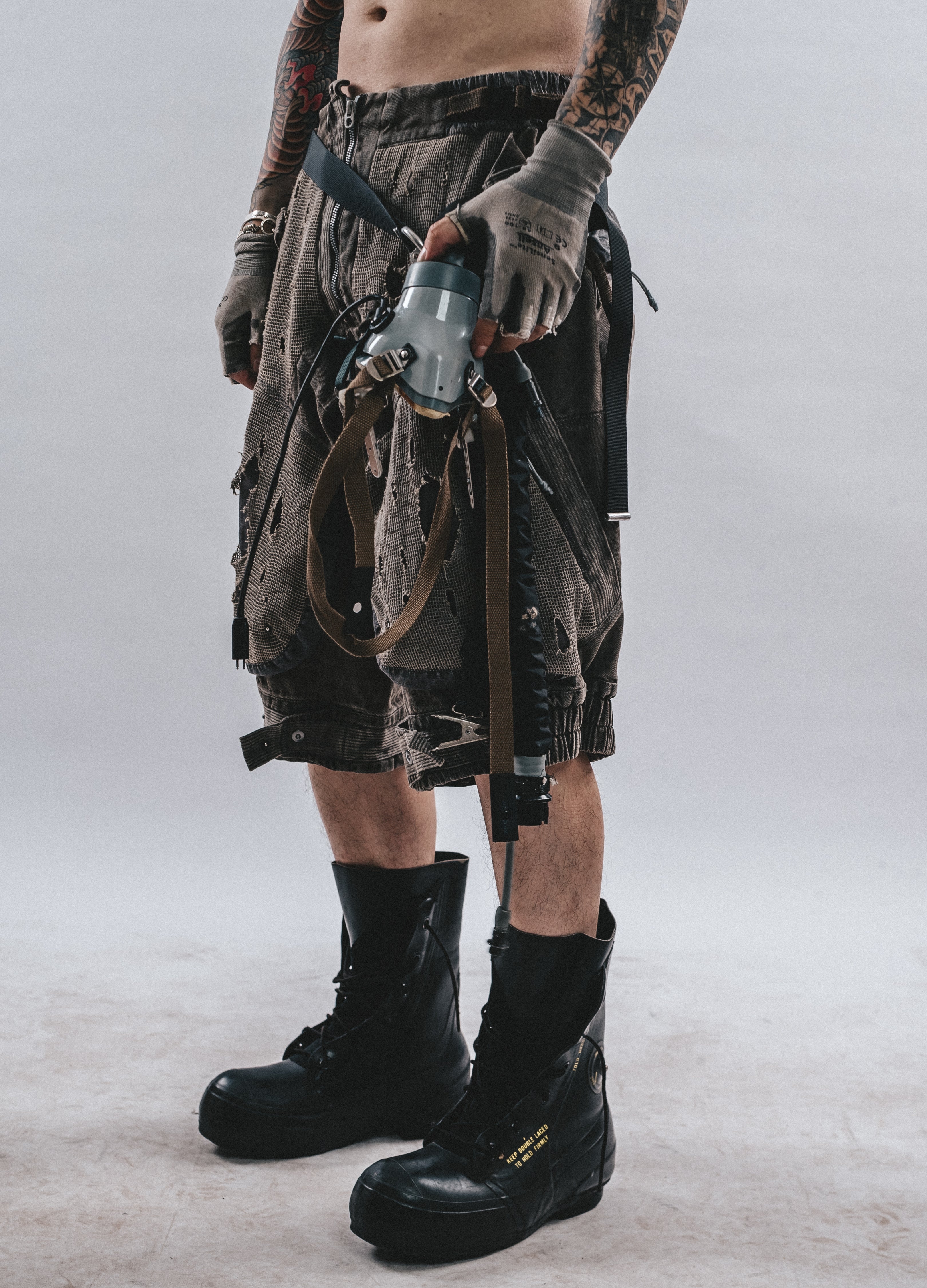DRKLEI DISTRESSED MESH DROP-CROTCH PANTS