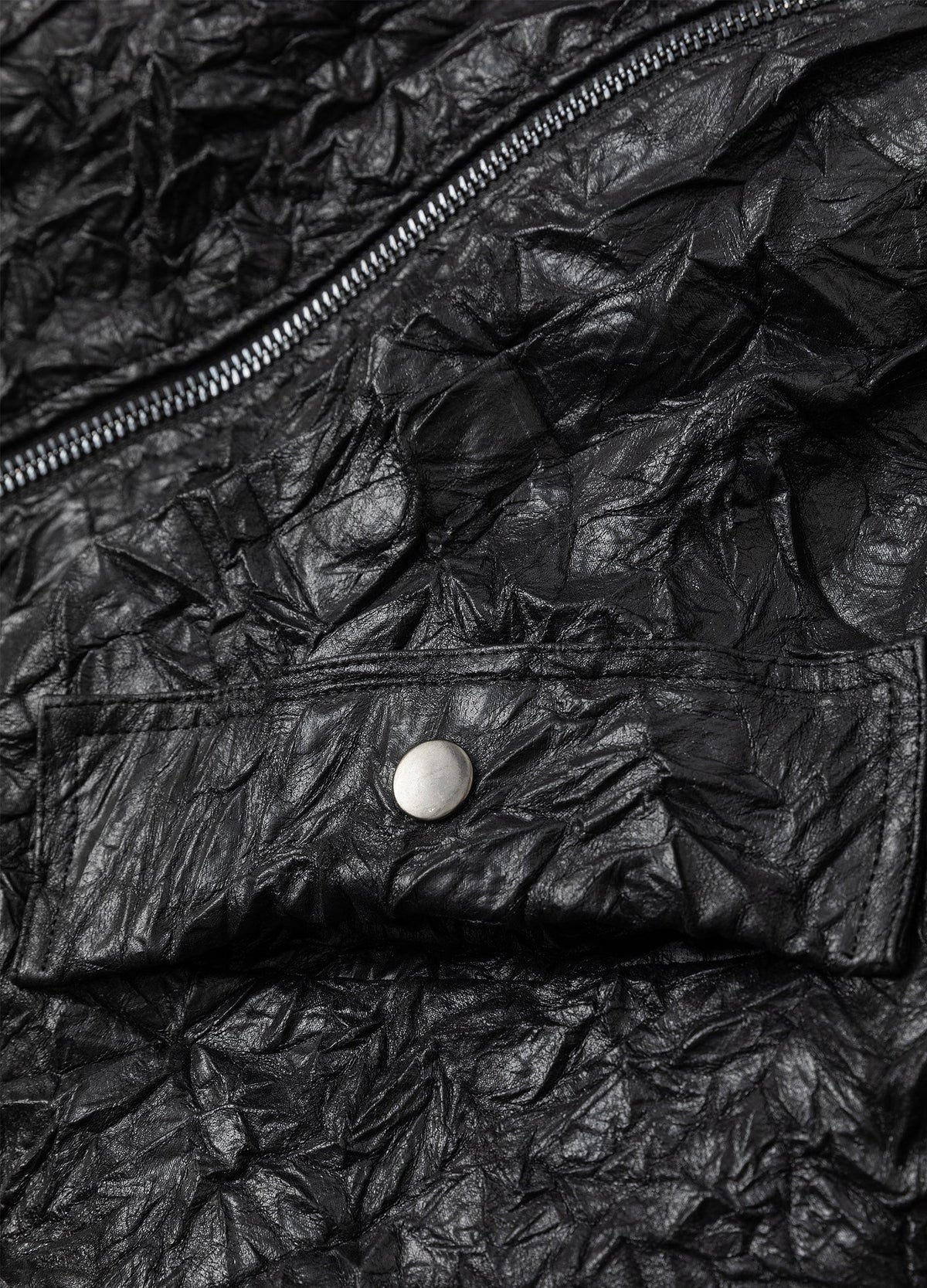 Crinkled surface and snap-fastened pocket flap.