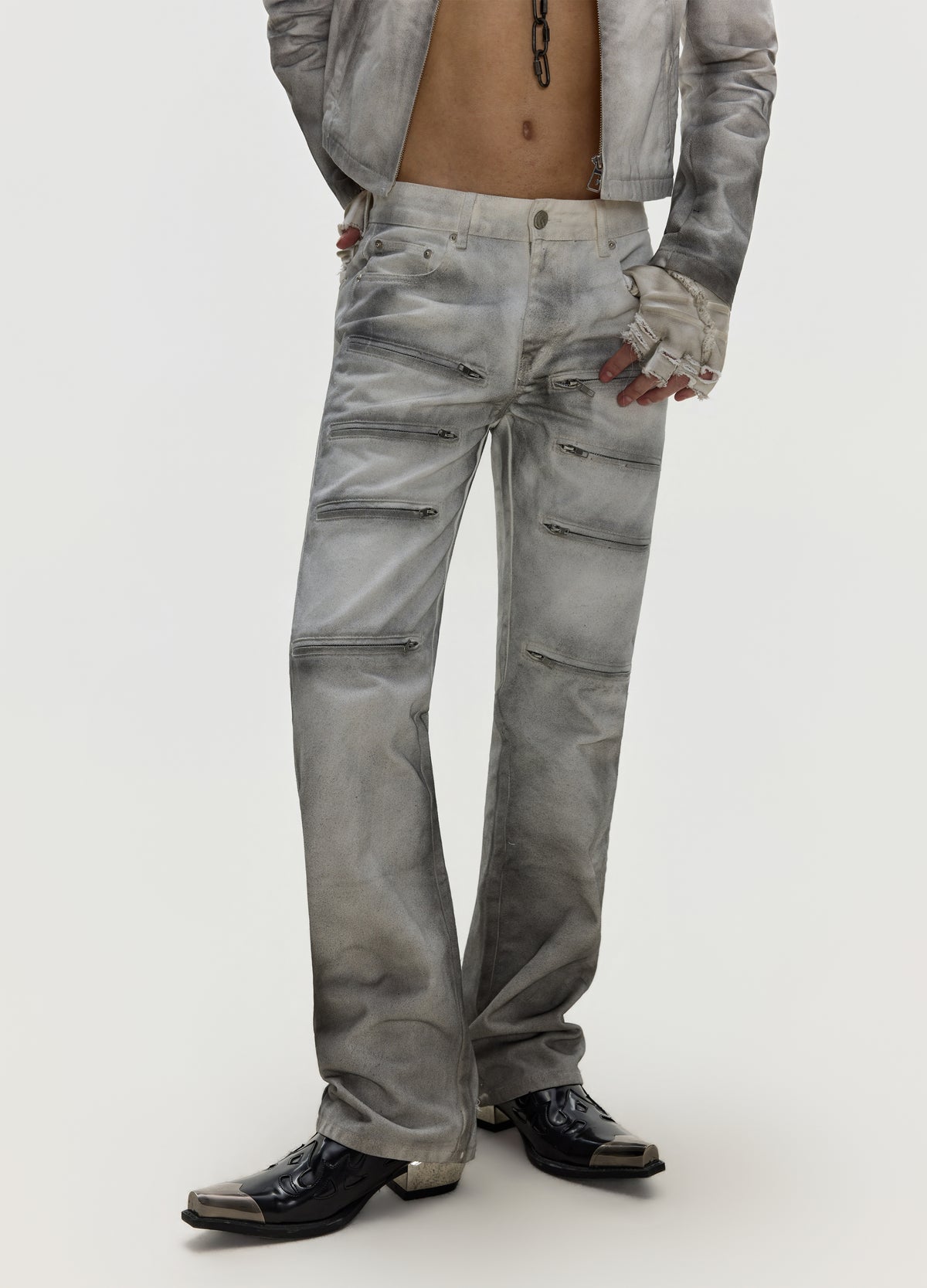 FRKM SCD 26FW dirty grey washed moto denim — product view 1