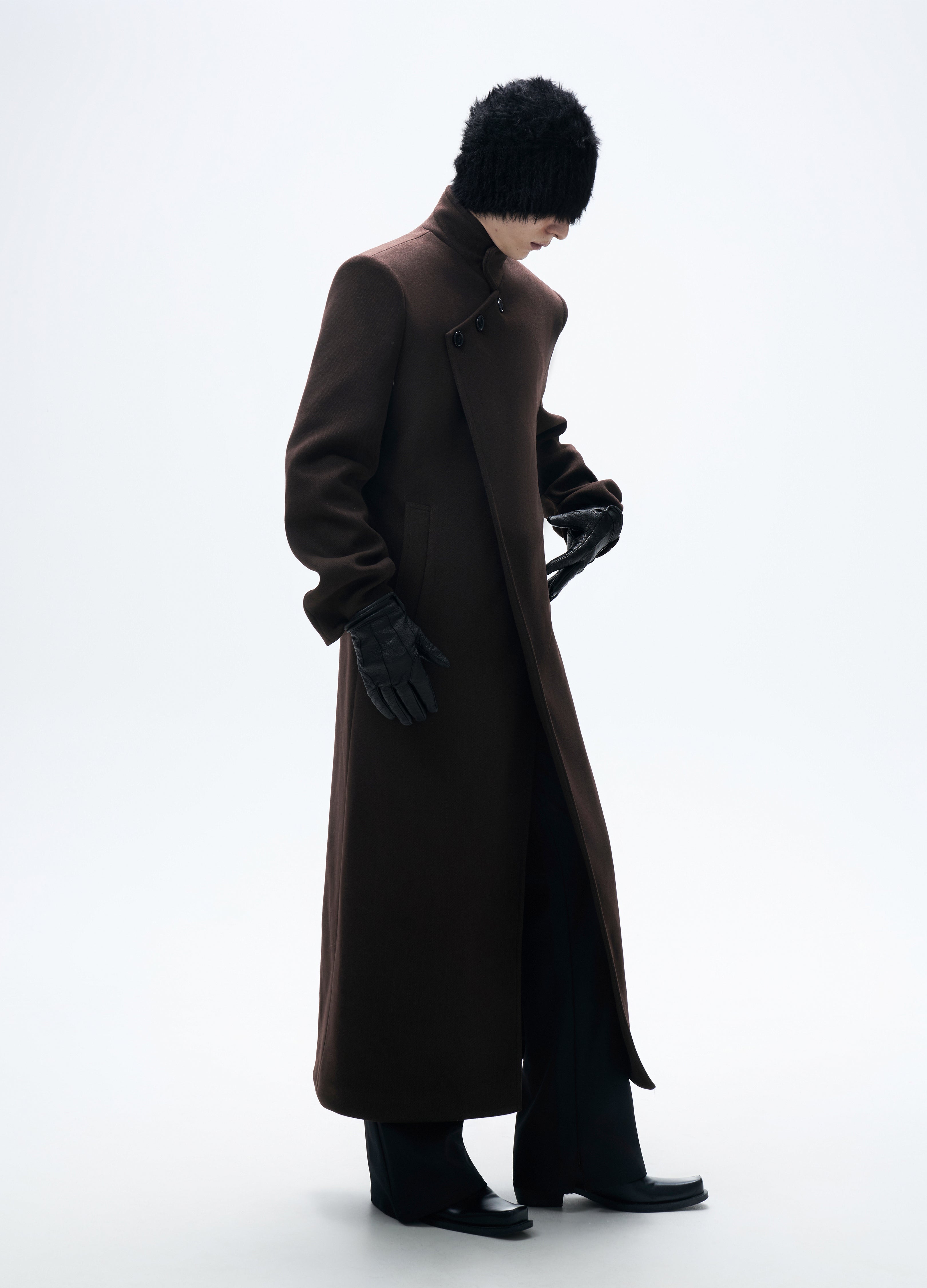 CAPPOTTO ASIMMETRICO IN LANA CASTAGNO 25FW