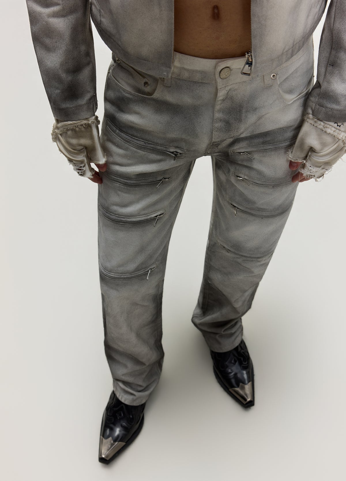 FRKM SCD 26FW dirty grey washed moto denim — product view 2