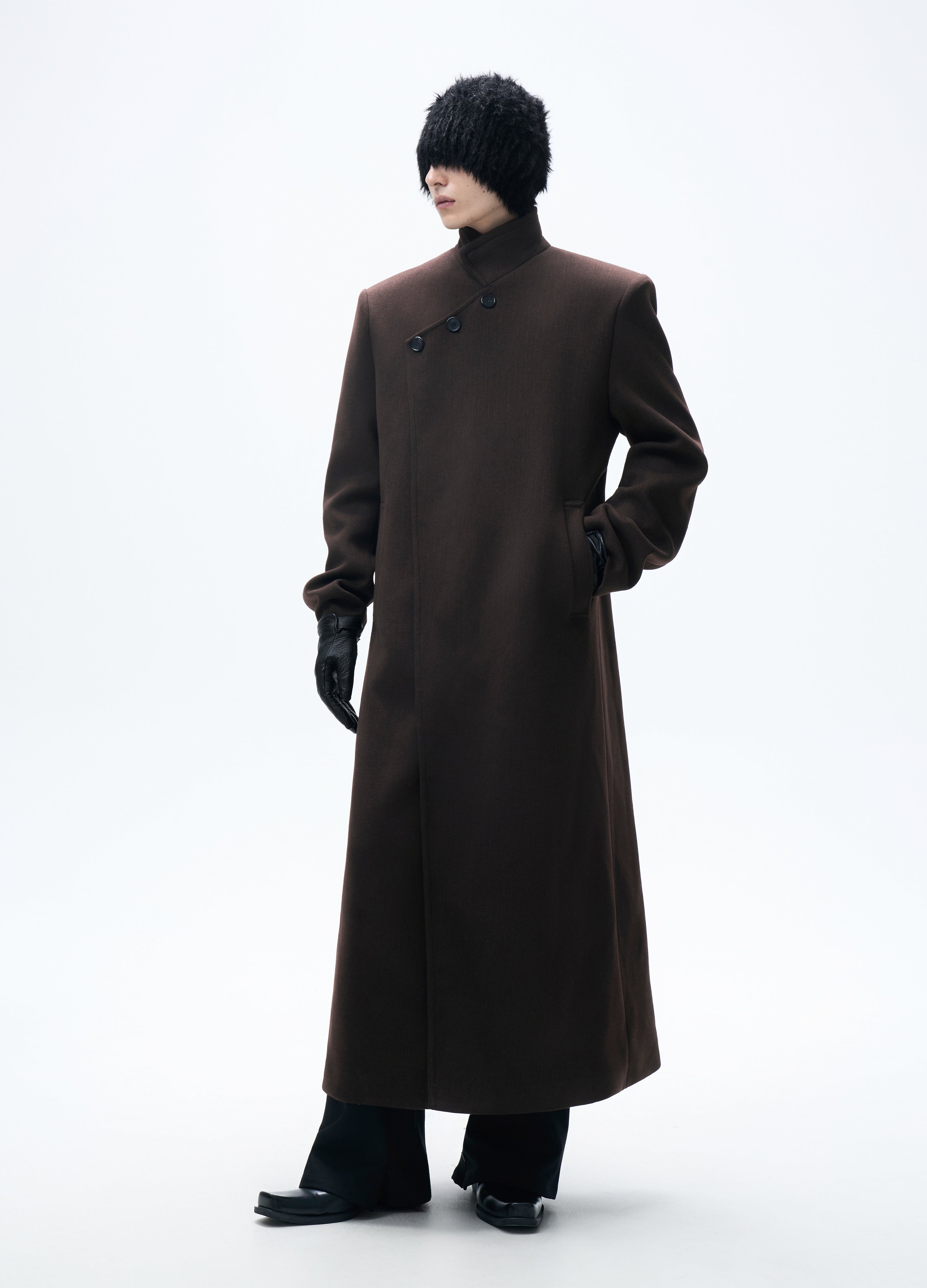 CAPPOTTO ASIMMETRICO IN LANA CASTAGNO 25FW