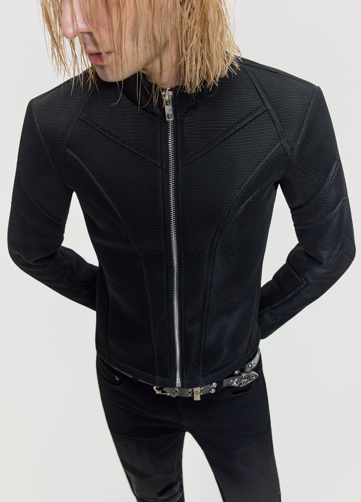 FRKM SCD 26FW steelbone mesh-textured black jacket — product view 10
