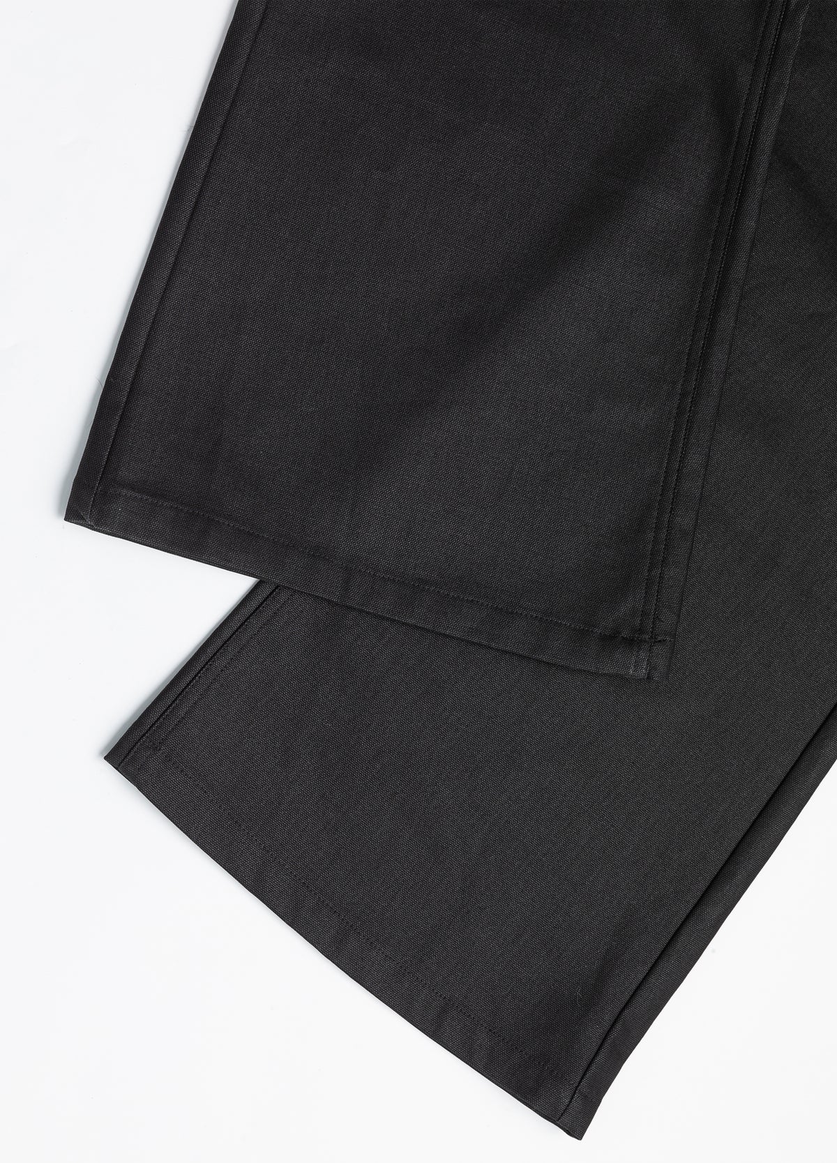 Hem edges and leg seams.