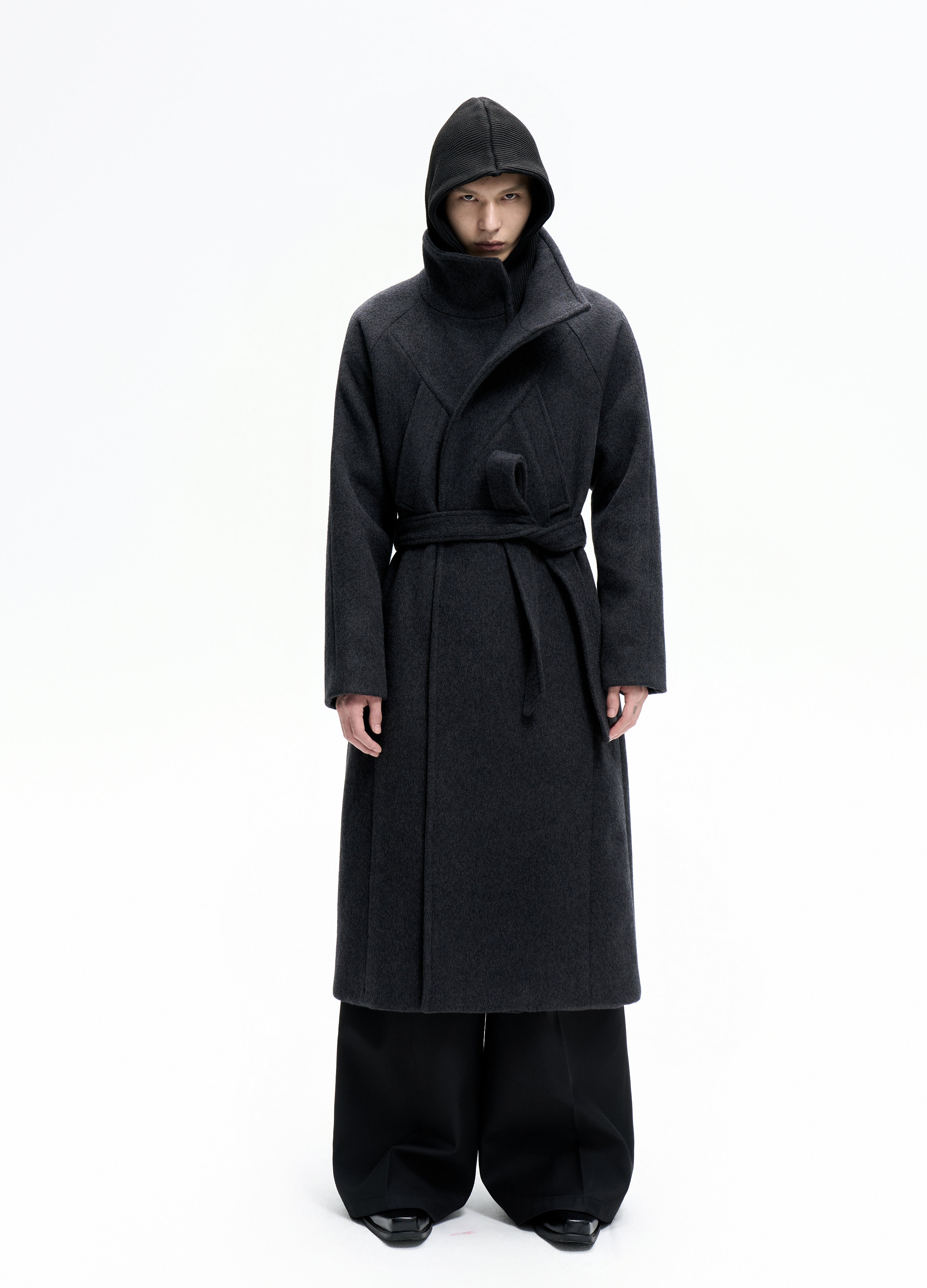 美品 UNITUS ユナイタス Belted Shawl Coat ブラック L 25FW BELTED DECONSTRUCT WOOL COAT