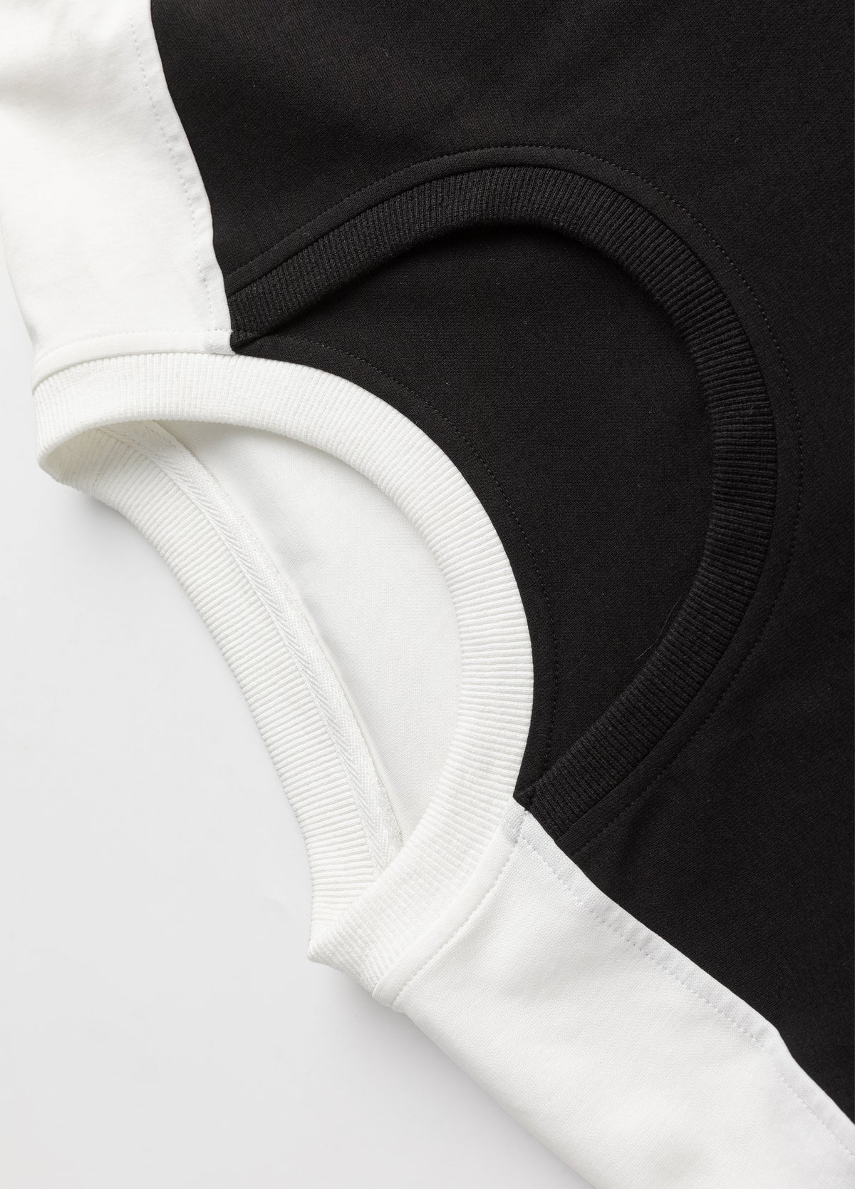 Contrasting layered rib necklines.